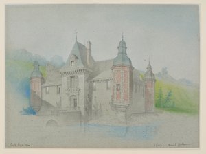 Utsikt over et slott ved en elv av Unknown artist