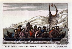 Utsikt over en kano med seil fra Hawaii-øyene i Polynesia, mannskapet bærer typiske masker. Litografi fra begynnelsen av 1800-tallet av Unknown artist
