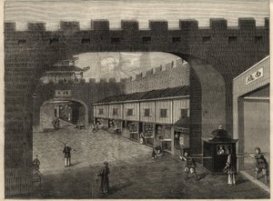 Utsikt over en gate i bymurene i Guangzhou, Kina. Gravering i ""The Illustrated London News"" av 14. februar 1857. av Unknown artist