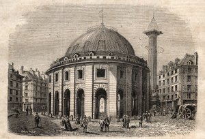 Utsikt over halle au ble i Paris (bygget i 1763-1769) og Medici-søylen, gravering fra begynnelsen av 1800-tallet - hvete- og maisutveksling i Paris (bygget i 1763-1769), gravering tidlig på 1800-tallet - Vue de la Halle au ble, plassert på det nåværende Ho av Unknown artist