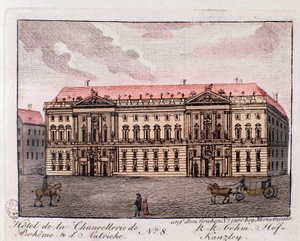 Utsikt over hotellet til kanselliet i Böhme og Østerrike i Wien, Østerrike. Gravering fra 1815 privatsamling av Unknown artist