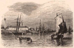 Utsikt over havnen i Lorient, Morbihan, Bretagne, Frankrike: seilbåter og båt i forgrunnen, havnebygninger og fyr i bakgrunnen av Unknown