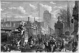 Utsikt over kongebroen i Berlin, Tyskland. Gravering i "The Illustrous Universe" av Unknown artist