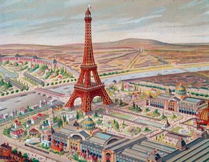 Utsikt over verdensutstillingen med de forskjellige paviljongene og Eiffeltårnet av Unknown artist