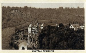 Utsikt over slottet Walzin i Wallonia (Belgia) ved bredden av elven Lesse. Kromolitografi fra slutten av 1800-tallet. av Unknown artist