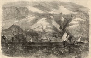 Utsikt over byen Funchal på øya Madere (Madeira) i Portugal. Gravering i "" The Illustrated London News"" av 29. februar av Unknown artist