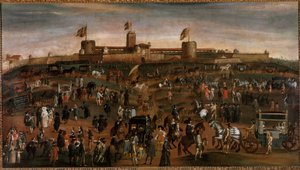 Utsikt over byen Milano, av slottet i Sforza (castello Sforzesco) og trafikk av vognene Anonym maleri rundt 1660-1670 Milano, museo di Milano av Unknown artist