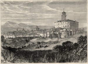 Utsikt over byen Monterotondo (Monte Rotondo, Monte-Rotondo) i Italia. Gravering i "" L'Univers berømte "" av Unknown artist