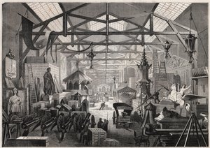 Utsikt over byggeverkstedene til Eugene Delessert, selskap som organiserer offentlige fester, avenue Dauphine a Paris - Gravering i "" Le Monde Illustré"" av Unknown artist