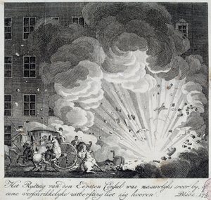 Utsikt over eksplosjonen av den infernalske maskinen i rue Saint Nicaise i Paris på 3. nivose an IX. Konspirasjonen til den infernalske maskinen er en konspirasjon for å drepe Napoleon Bonaparte, den nye førstekonsulen etter statskuppet 18. Brumaire. En in av Unknown artist