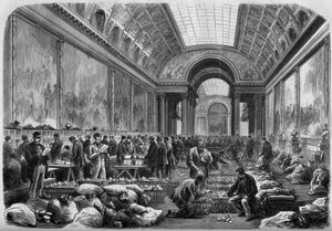 Utsikt over galleriet over kampene i slottet i Versailles, hvor postkontoret er installert av Unknown artist