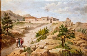 Utsikt over huset til den italienske patrioten og heltene til Risorgimento Giuseppe Garibaldi (1807-1882) a Caprera (Sardinia) Garibaldi er med to bønder til venstre i bildet. Anonymt maleri av Roma Museo del Risorgimento fra 1800-tallet av Unknown artist