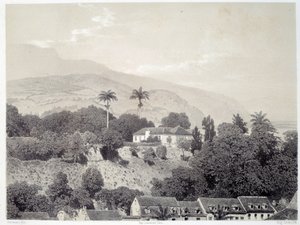 Utsikt over husene tatt fra Boulevard de la Comedie i Saint Pierre på Martinique på Antillene. Trykk etter fotografi fra slutten av 1800-tallet Chartres musee des Beaux Arts av Unknown artist