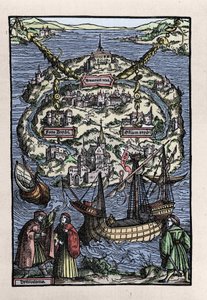 Utsikt over øya Utopia (Utopia) fra boken til Thomas More (1478-1535), "" Den optimale statusen til republikken som nylig isolerer Utopia". Gravert av Johann Froben. 1518. av Unknown artist