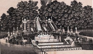 View of the large waterfall in the park of Saint Cloud (Saint-Cloud), France. in “” The world illustrates 168 views”” Undated (end 19th century) av Unknown artist