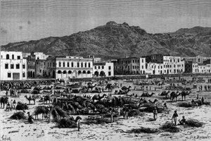 Utsikt over Aden-marsjen i Abessinia. Gravering rundt 1880 av Unknown artist