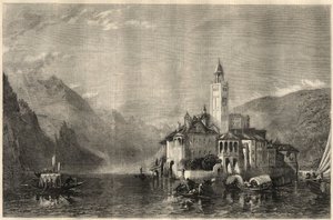 Utsikt over klosteret Mater Ecclesiae på øya Saint Jules (Saint Jules) (San Giulio) ved Ortasjøen (Lake Cusio) i Italia. Gravering etter et maleri av William Collingwood Smith (1815-1887). I «The Illustrated London News» av 22. mars av Unknown artist