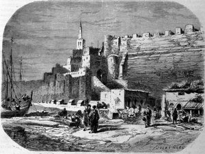 Utsikt over havnen i den befestede byen Tanger og kysten, Marokko. Gravering fra 1860. av Unknown artist