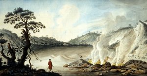 Utsikt over solfataren, vulkansk terreng som kommer fra varme gasser og svovelgasser. Pozzuoli nær Napoli. 1800-tallet. av Unknown artist