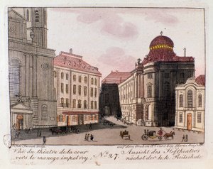 Utsikt over teatret og gårdsplassen mot den keiserlige manesjen i Wien, Østerrike. Gravering fra 1815 privatsamling av Unknown artist