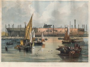 Utsikt over den transatlantiske rutebåten "Great Eastern" (Leviathan) under bygging ved Thames Shipyard i London. Gravering i "" The illustrated London News "" av 7. november 1857. av Unknown artist