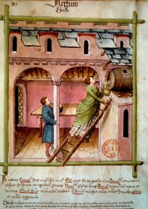 Eddik: en ung kvinne fyller en kanne. Belysning fra melking av medisin og diett "" Tacuinum sanitatis"" av Unknown artist