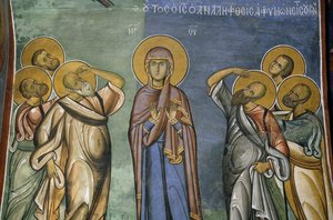 Jomfru Maria blant utvalgte, freskomaleri (1192), Panayia Tou Araka-kirken (Vår Frue av Pea-kirken) (Unescos verdensarvliste, 2001), Lagoudhera, Troodos-fjellene, Kypros av Unknown artist