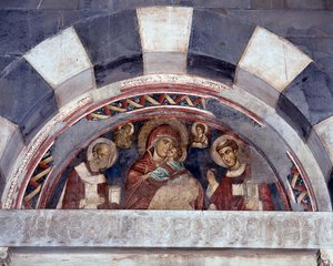 Jomfru mellom St. Nicholas og St. Lawrence (fresco av Unknown artist