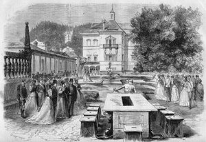 Besøk av keiser Francois-Joseph (1830-1916) og Impress Elisabeth av Østerrike (Sissi) (1837-1898) med Eugenie (1826-1920), Impress av franskmennene og Napoleon III til keiserresidensen Hellbrunn i Østerrike 21. august av Unknown artist
