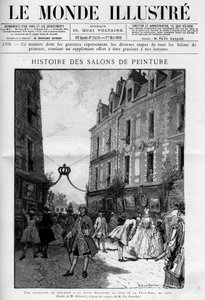 Besøk av utstillingen av malerier på Place Dauphine på Ile de la Cite i Paris, på dagen for fete dieu (fete dieu) i 1725. Gravering i "" Le Monde illustrious"" av Unknown artist