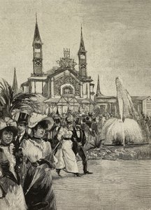 Besøkende foran Sport Building på United Exhibitions, Milano, Italia, tegning av M Bianchini fra L#39;Illustrazione Italiana, år XXI, nr. 18, 6. mai av Unknown Artist