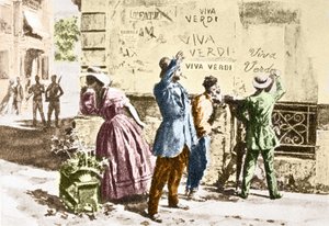 Viva Verdi: Entusiastiske inskripsjoner for Giuseppe Verdi i Napoli (riket av de to Siciliene) under den østerrikske okkupasjonen i 1859, etter forbudet mot hans opera "Un Ballo in maschera" (V.E.R.D.I. (VERDI) = Vittorio Emanuele Re d