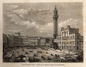 Utsikt over rådhusplassen i Siena, gravering for å illustrere en reise til Siena (Italia) i 1865, i "Le tour du monde, nouveau journal des voyages"" utgitt under ledelse av Edouard Charton av Unknown artist
