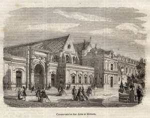 Utsikt over konservatoriet for kunst og håndverk (Cnam) i Paris, rue Saint Martin i Paris - (Utsikt over konservatoriet for kunst og håndverk i Paris - gravering i "Dictionnaire populaire illustrious"" - 1864 - av Joseph Decembre og Edmond Allonier - av Unknown artist