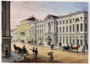 Utvendig visning av Hotel des Postes de Saint Petersburg (Album de Marie Taglioni) (Post Hotel i Saint Petersburg (Album of Marie Taglioni). Anonym etsning og akvarell, 1840-tallet. Moskva, A.S. Pushkins statsmuseum. av Unknown artist