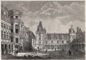 Utvendig utsikt over slottet Blois med den monumentale trappen - Gravering i "" Le Monde Illustrie"" av Unknown artist