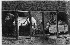 Wagonnet er ansatt i kullgruvene i Wales. Gravering i «Le journal de la jeunesse»» av Unknown artist