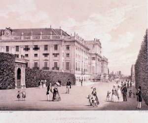 Turgåere i parken til Schönbrunn Palace (Schoenbrunn) i Wien. Østerrike. Trykk fra begynnelsen av 1800-tallets privatsamling av Unknown artist