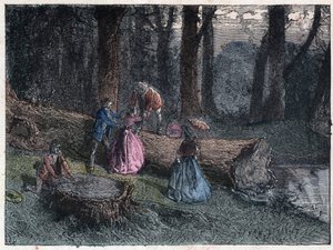 Turgåere prøver å beregne alderen til en død eik ved å studere treets stamme. Gravering sent på 1800-tallet. av Unknown artist