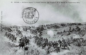 Krigen i 1870: Bayersk artilleri tar posisjon fra høyden til Marfe i Ardennene 01.09.1870. Gravering fra 1870 av Unknown artist