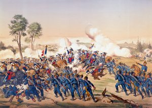 1870-krigen: anklagen for slagskipene i slaget ved Froeschwiller Woerth (Froeschwiller-Woerth) den 06.08.1870 som så Tysklands seier - Litografi av 1870. Paris, NL av Unknown artist