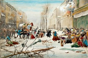 Krigen i 1870: beleiringen av Paris i 1870, bombardement av prøysserne. Innbyggerne i Paris forlater de bombede områdene under snø. Akvarell fra 1800-tallet. Paris, Musee de l