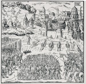 Religionskrig: Byen Nîmes beleiret av Kongens Armee (Henry III) i 1576 - i "" Samling av 39 figurer som representerer ulykkene i Frankrike fra 1562 til 1586""", Louis Perrin imprim. av Unknown artist
