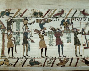 Våpen og vin blir brakt til skipene under tankingen for erobringen av England av flåtene til Vilhelm Erobreren (1027-1087) i 1066. Detalj av billedteppet til Bayeux eller Broderi av Dronning Mathilde av Unknown artist