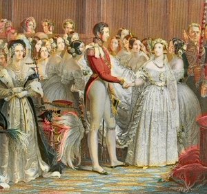 Dronning Victorias bryllup med prins Albert av Sachsen Cobourg Gotha i Saint James Palace i London 10. februar 1840 (gravering) av Unknown artist