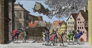 Hekseri og tro: en skandinavisk tryllekunstner som provoserer et temperet så sterkt at hun løfter en hest og vognen hans lastet med høy. Gravering fra "Mundi Mirabilis Oeconomia" av Johann Zahn (1631-1707) av Unknown artist