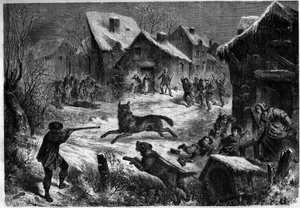 Wolf hunting in the village of Saliers, Bouches du Rhone (13), 31 December 1860. Engraving in “” Le Monde Illustré”” n¡196 of 12 January 1861. av Unknown artist