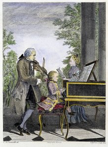 Wolfgang Amadeus Mozart barn på piano omgitt av sin far Leopold på fiolin og søsteren Marianne på sang - gravering av Unknown artist