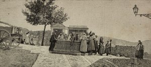 Kvinner og barn ved fontenen i Piana dei Greci, Italia, gravering fra et fotografi av E. Interguglielmi fra L#39;Illustrazione Italiana, år XXI, nr. 2, 14. januar av Unknown Artist