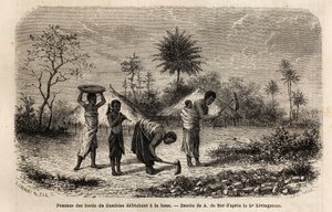 Kvinner fra bredden av Zambeze defriching en hakke, og introduserer barn til landbruksarbeid. Gravering for å illustrere Dr. Livingstones første reiser til Sør-Afrika fra 1840 til 1856, i «Le tour du monde, nouveau journal des voyages»» publisert av Unknown artist